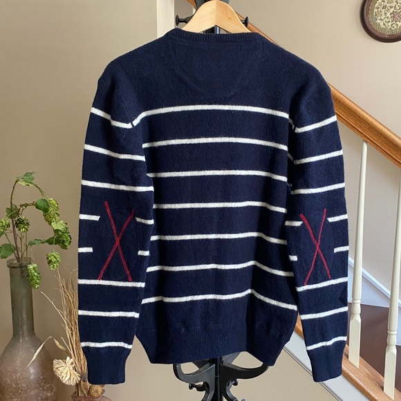 GANT Crew Neck Lambswool Navy Striped Sweater Padded Elbows Sz Large - Picture 5 of 16